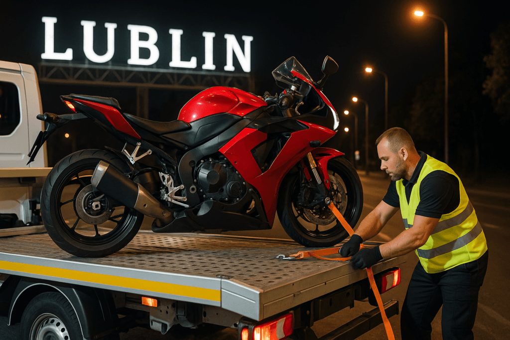 Laweta do przewozu motocykli MASTER-HOL z zabezpieczonym sportowym jednośladem w centrum Lublina nocą