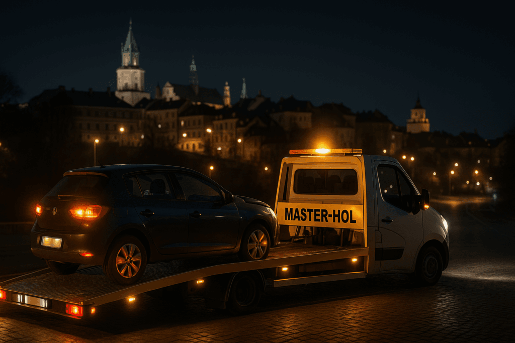 Laweta MASTER-HOL ładuje uszkodzone auto po kolizji w Lublinie