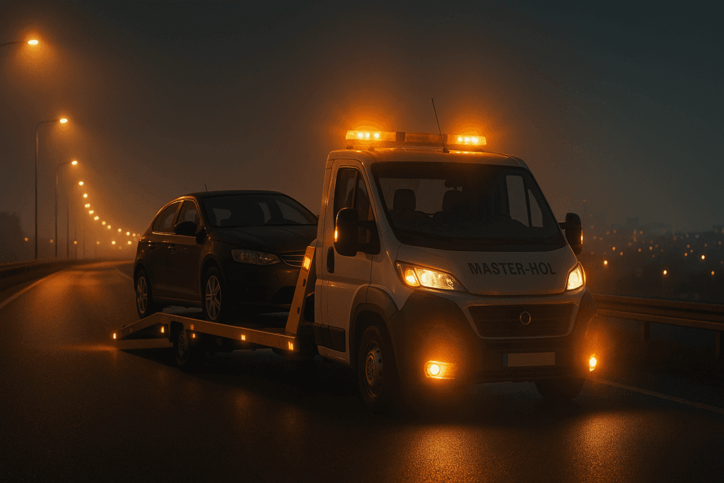 Laweta MASTER-HOL holująca auto nocą w Lublinie