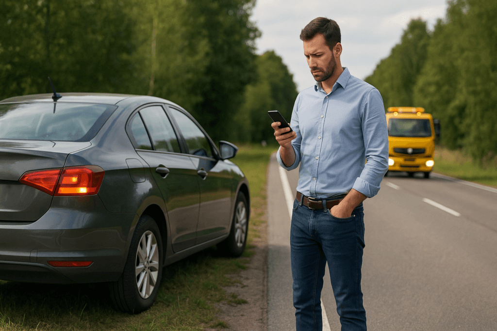 Kierowca przy unieruchomionym aucie na poboczu czeka na pomoc drogową i lawetę