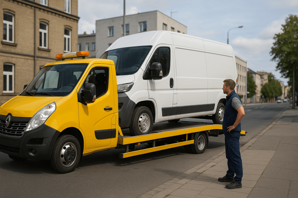 Laweta transportująca busa lub auto dostawcze po awarii na miejskiej ulicy