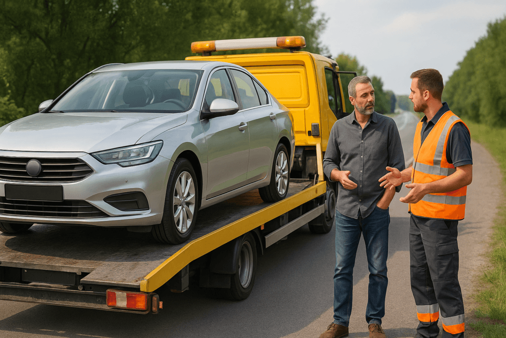 Samochód z automatyczną skrzynią biegów ładowany na lawetę po awarii